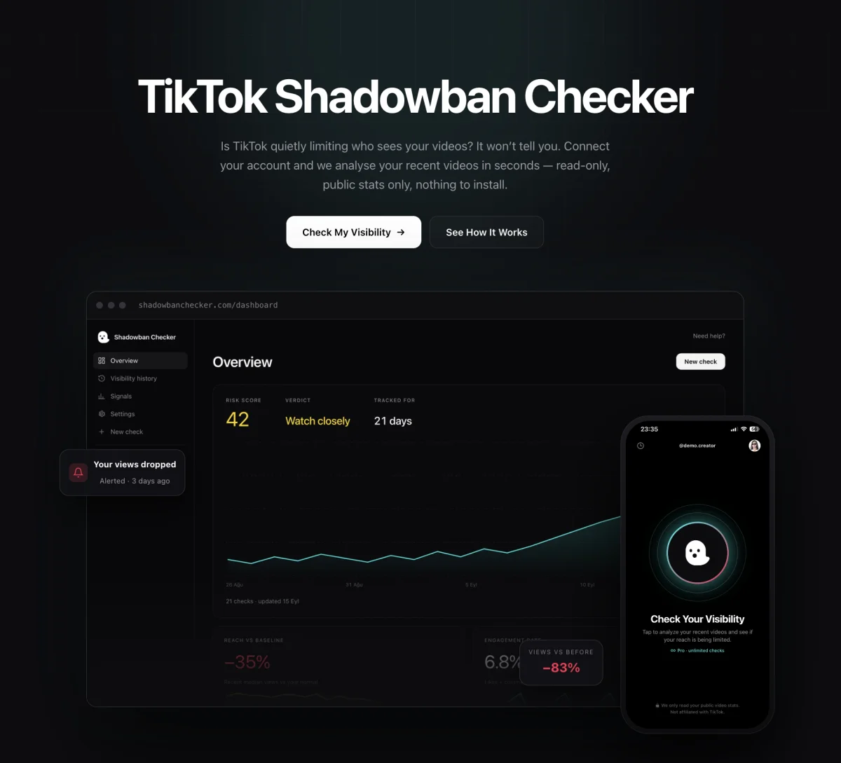Shadowban Checker web dashboard and iOS app
